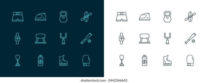 Set line Kayak and paddle, Fitness shaker, American football goal post, Roller skate, Pommel horse, Weight, Boxing short and Racing helmet icon. Vector