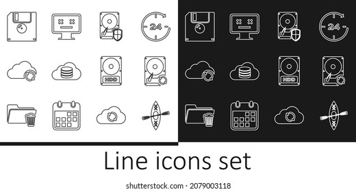 Set line Kayak and paddle, Hard disk drive HDD sync refresh, protection, Cloud database, Floppy,  and Dead monitor icon. Vector