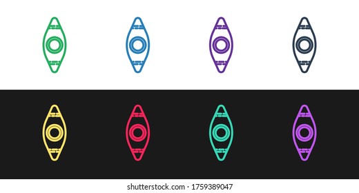 Set line Kayak and paddle icon isolated on black and white background. Kayak and canoe for fishing and tourism. Outdoor activities. Vector Illustration