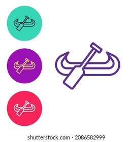 Set line Kayak and paddle icon isolated on white background. Kayak and canoe for fishing and tourism. Outdoor activities. Set icons colorful. Vector