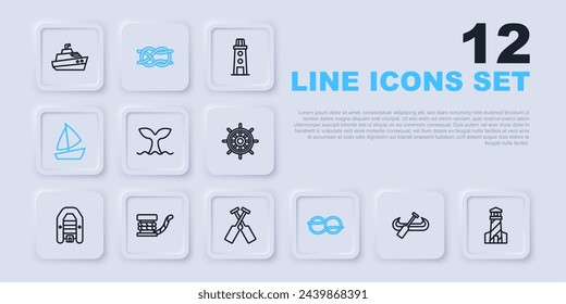 Set line Kayak and paddle, Lighthouse, Whale tail, Nautical rope knots, Yacht sailboat, Marine bollard with,  and Crossed oars or paddles icon. Vector