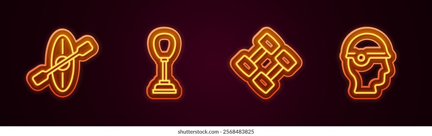 Set line Kayak and paddle, Punching bag, Dumbbell and Baseball helmet. Glowing neon icon. Vector