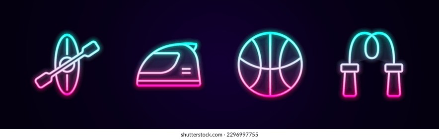 Set line Kayak and paddle, Racing helmet, Basketball ball and Jump rope. Glowing neon icon. Vector