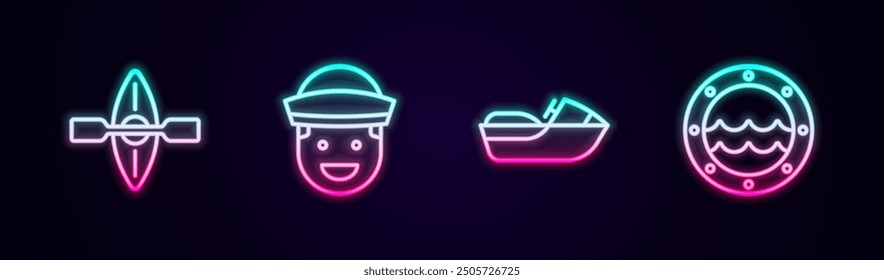 Set line Kayak and paddle, Sailor, Jet ski and Ship porthole. Glowing neon icon. Vector