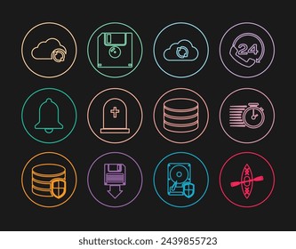 Set line Kayak and paddle, Stopwatch, Cloud sync refresh, Tombstone with cross, Ringing bell, Database and Floppy disk icon. Vector