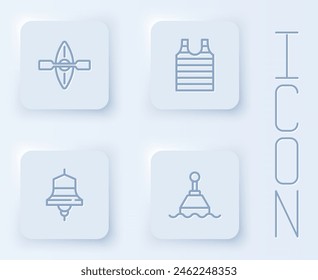 Set line Kayak and paddle, Striped sailor t-shirt, Ship bell and Floating buoy. White square button. Vector