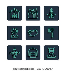 Set line Kayak and paddle, Sweater, Viking head, Lupine flower, Map of Iceland, Location flag, Farm house and Wooden axe icon. Vector