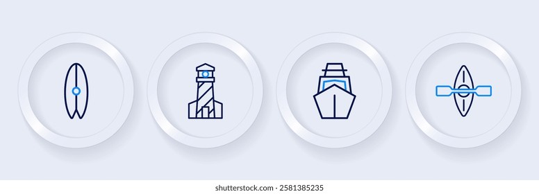 Set line Kayak and paddle, Yacht sailboat, Lighthouse and Surfboard icon. Vector