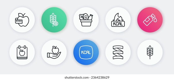 Set line Kcal, Bottle of water, Diet plan, Sports nutrition proteine, Shopping bag and food, Wheat and Apple icon. Vector