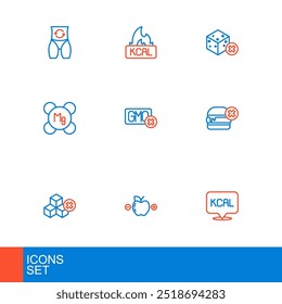 Set line Kcal, Calorie calculator, No sugar free, burger, Magnesium, GMO,  and  icon. Vector