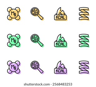 Set line Kcal, Magnesium, GMO and Sports nutrition proteine icon. Vector