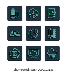 Set line Kelvin, Location cloud, Cloud with rain, Weather forecast, Moon, Rainbow, Meteorology thermometer and  icon. Vector