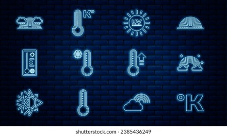 Set line Kelvin, Rainbow with clouds, UV protection, Meteorology thermometer,  and  icon. Vector