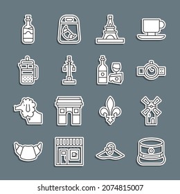 Set line Kepi, Windmill, Wrist watch, Eiffel tower, Street light, French press, Bottles of wine and Wine bottle with cheese icon. Vector