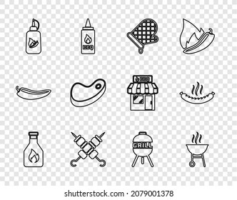 Set line Ketchup bottle, Barbecue grill, Oven glove, Grilled shish kebab, Steak meat,  and Sausage icon. Vector