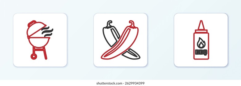 Set line Ketchup bottle, Barbecue grill and Crossed hot chili pepper pod icon. Vector