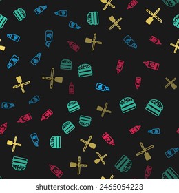 Set line Ketchup bottle, Burger, Crossed knife and spatula and  on seamless pattern. Vector