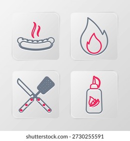 Definir linha Ketchup garrafa, faca cruzada e espátula, fogo chama e Hotdog ícone sanduíche. Vetor