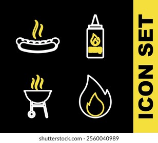 Set line Ketchup bottle, Fire flame, Barbecue grill and Hotdog sandwich icon. Vector