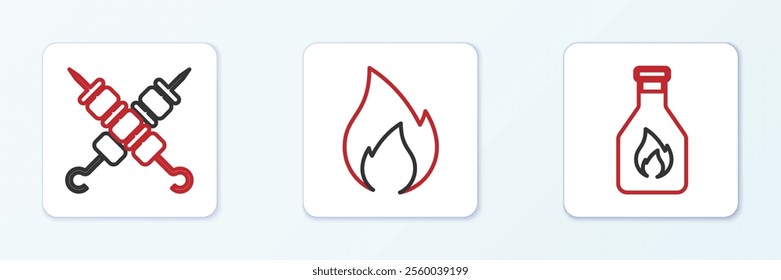 Set line Ketchup bottle, Grilled shish kebab and Fire flame icon. Vector