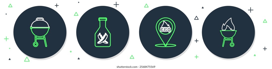 Set line Ketchup bottle, Location with barbecue, Barbecue grill and  icon. Vector