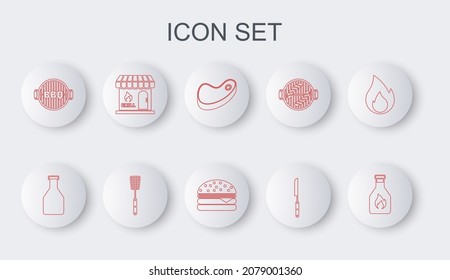 Set line Ketchup bottle, Steak meat, Barbecue knife, grill, shopping building, spatula and Burger icon. Vector