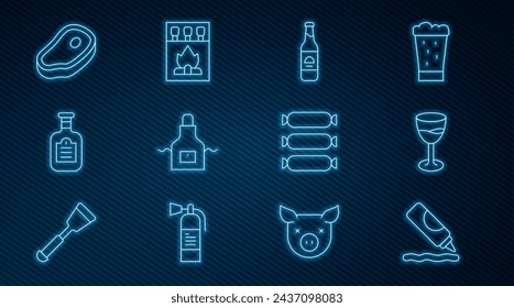 Set line Ketchup bottle, Wine glass, Beer, Kitchen apron, Sauce, Steak meat, Sausage and Matchbox and matches icon. Vector