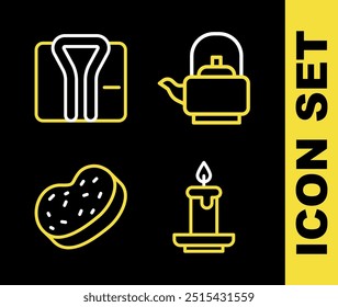 Set line Kettle with handle, Aroma candle, Bath sponge and Bathrobe icon. Vector