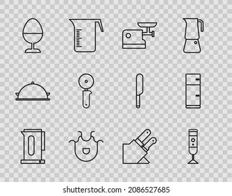 Set line Kettle with handle, Blender, Kitchen meat grinder, apron, Chicken egg stand, Pizza knife, Knife and Refrigerator icon. Vector