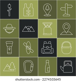 Set line Kettle with handle, Camping pot, Location, of the forest, Mountains, hat, Marshmallow stick and gas stove icon. Vector