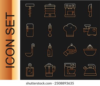 Set line Kettle with handle, Citrus fruit juicer, Kitchen meat grinder, Coffee machine, Blender, Refrigerator, Wine corkscrew and Chef hat icon. Vector