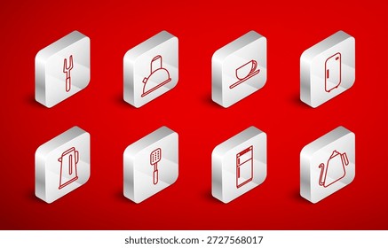 Set Linie Wasserkocher mit Griff, Kaffeetasse, Kühlschrank, Grillgabel, Spatel und Symbol. Vektorgrafik
