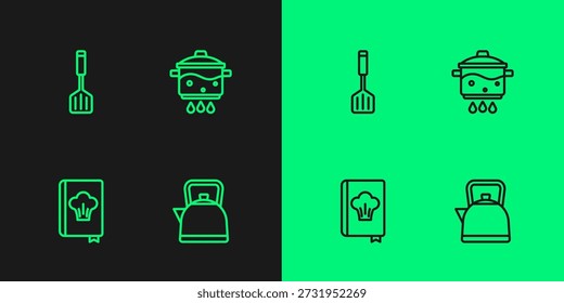 Set line Kettle with handle, Cookbook, Spatula and Cooking pot on fire icon. Vector