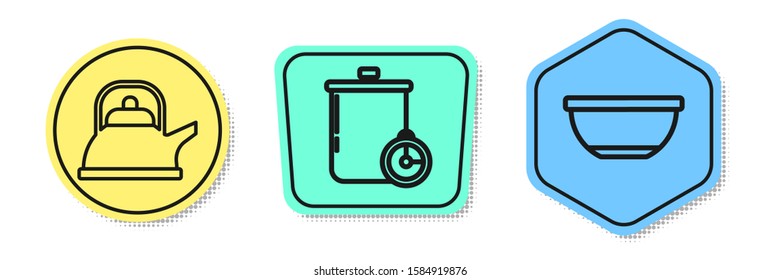 Set line Kettle with handle , Cooking pot and kitchen timer  and Bowl . Colored shapes. Vector