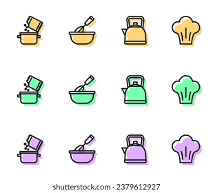 Set line Kettle with handle, Cooking pot spice, whisk bowl and Chef hat icon. Vector