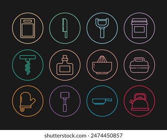 Set line Kettle with handle, Cooking pot, Peeler, Sauce bottle, Wine corkscrew, Cutting board, Citrus fruit juicer and Knife icon. Vector
