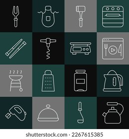 Set line Kettle with handle, Electric kettle, Cooking live streaming, Kitchen hammer, Wine corkscrew, Food chopsticks, Barbecue fork and Electronic scales icon. Vector