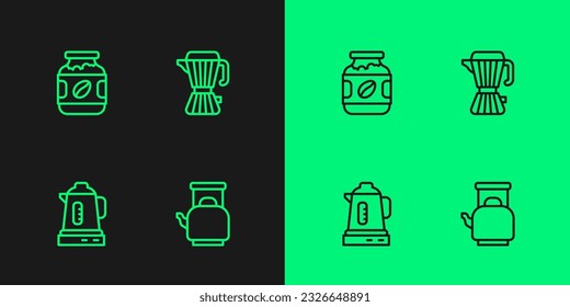 Set line Kettle with handle, Electric kettle, Coffee jar bottle and maker moca pot icon. Vector