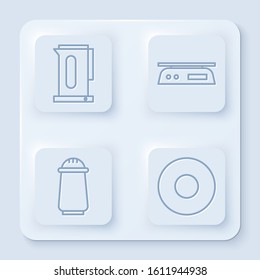 Set line Kettle with handle, Electronic scales, Salt and pepper and Plate. White square button. Vector