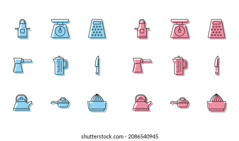 Set line Kettle with handle, Frying pan, Kitchen apron, Citrus fruit juicer, Teapot, Knife, Coffee turk and Scales icon. Vector