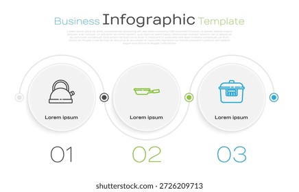 Definir linha Chaleira com alça, frigideira e fogão lento. Modelo de infográfico comercial. Vetor