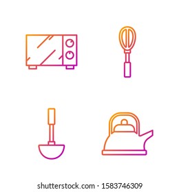 Set line Kettle with handle , Kitchen ladle , Microwave oven  and Kitchen whisk . Gradient color icons. Vector
