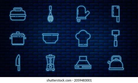 Set line Kettle with handle, Kitchen hammer, Oven glove, Bowl, Cooking pot, Chef hat and whisk icon. Vector