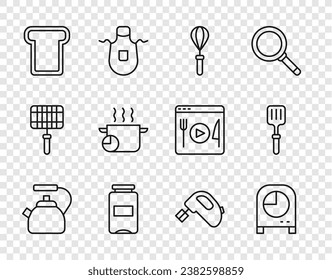 Set line Kettle with handle, Kitchen timer, whisk, Jam jar, Bread toast, Cooking pot, Electric mixer and Barbecue spatula icon. Vector