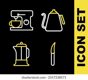 Set line Kettle with handle, Knife, French press and Electric mixer icon. Vector