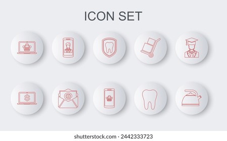 Set line Kettle with handle, Laptop dollar, Dental protection, Tooth, Shopping basket laptop, Smartphone contact, Mail e-mail and mobile icon. Vector