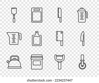Set line Kettle with handle, Pizza knife, Knife, Jam jar, Spatula, Cutting board, Peeler and  icon. Vector