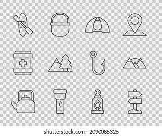 Set line Kettle with handle, Road traffic signpost, Tourist tent, Flashlight, Kayak or canoe, Mountains tree, Camping lantern and  icon. Vector