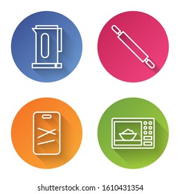 Set line Kettle with handle, Rolling pin, Cutting board and Microwave oven. Color circle button. Vector