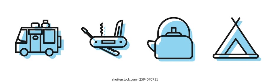 Set line Kettle with handle, Rv Camping trailer, Swiss army knife and Tourist tent icon. Vector